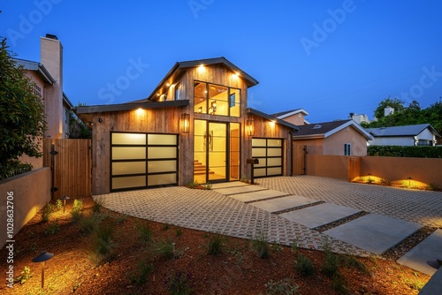 Modern wooden house exterior with an illuminated driveway under the twilight sky. California