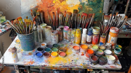 Colorful Collection of Paints and Brushes on Table