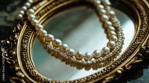 Elegant Pearl Necklace on Reflective Surface