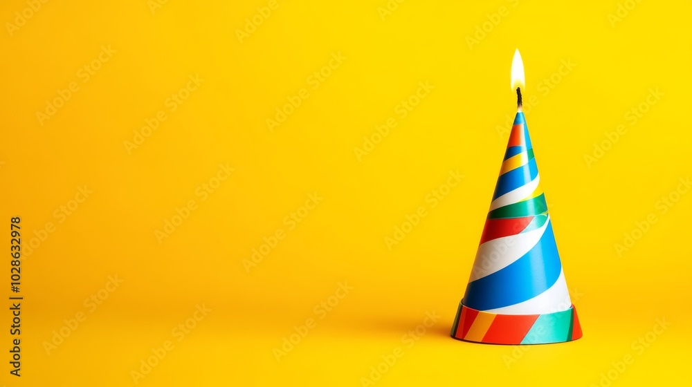 Colorful birthday party hat with a lit candle on top. hat is placed on a yellow background, which creates a cheerful and festive mood. birthday hat with a candel on the top , minimalist, copy space Colorful birthday party hat with a lit candle on top. hat is placed on a yellow background, which creates a cheerful and festive mood. birthday hat with a candel on the top , minimalist, copy space