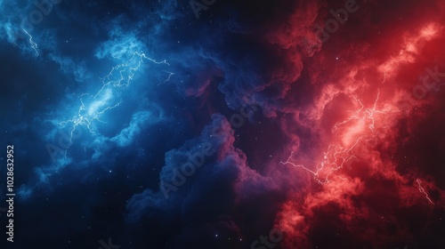 Stormy sky with red and blue lightning bolts colliding, creating a powerful, energetic clash of electric forces