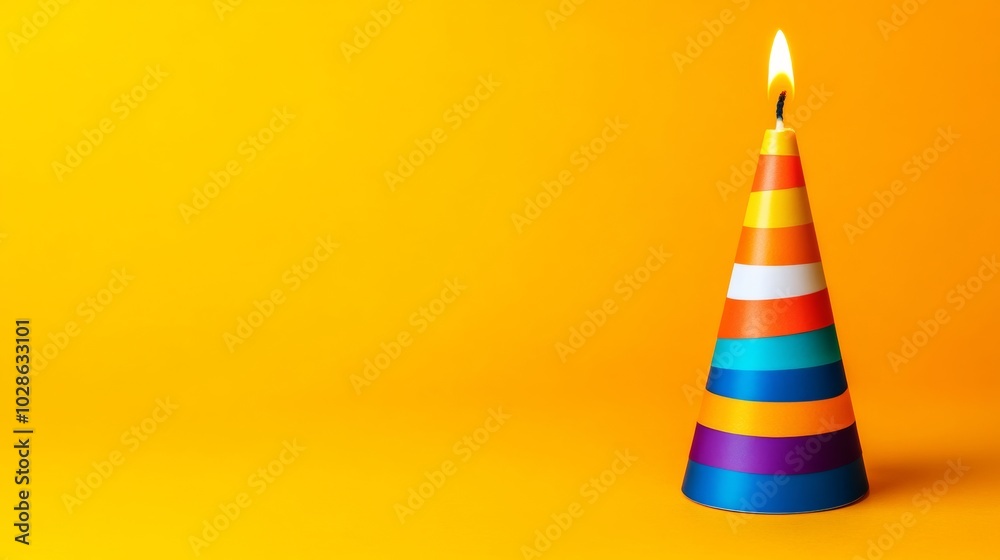 Colorful birthday party hat with a lit candle on top. hat is placed on a yellow background, which creates a cheerful and festive mood. birthday hat with a candel on the top , minimalist, copy space Colorful birthday party hat with a lit candle on top. hat is placed on a yellow background, which creates a cheerful and festive mood. birthday hat with a candel on the top , minimalist, copy space