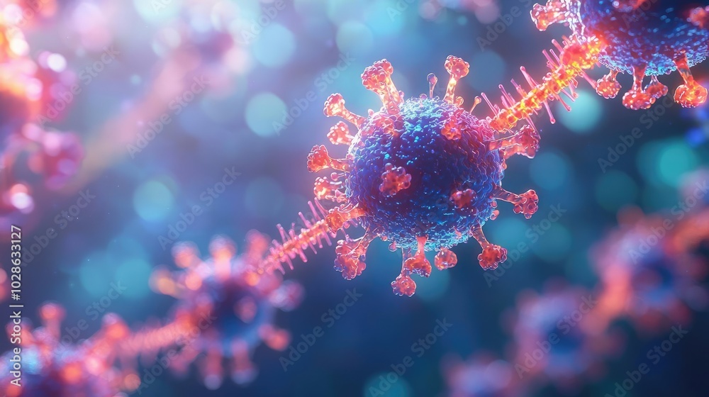 Colorful virus structure on a blurred background, scientific illustration. Colorful virus structure on a blurred background, scientific illustration.