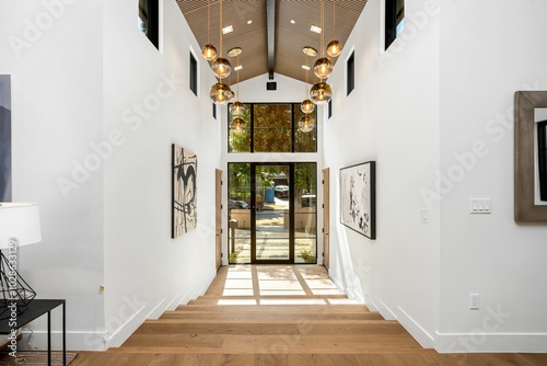 Modern interior hallway with wooden floor, hanging lights, and abstract art on walls