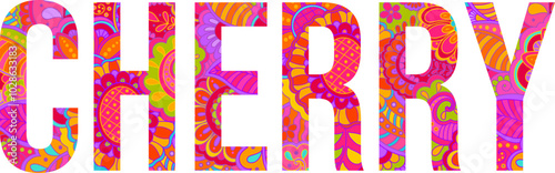 Cherry colorful floral doodle pattern artistic text design. Fruit heading. Use for groceries, print art, menu design, merch