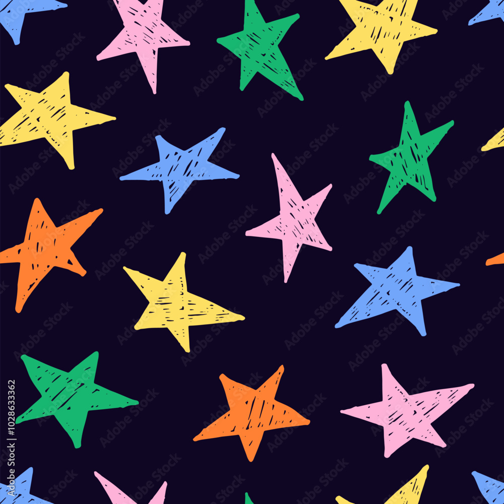 Multicolored hand drawn stars seamless pattern. Star background with grunge texture. Multicolored hand drawn stars seamless pattern. Star background with grunge texture.