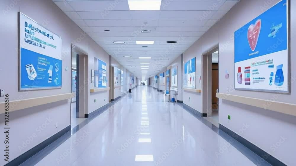 A clean, well-lit hospital corridor with patient rooms and informational posters on the walls. A clean, well-lit hospital corridor with patient rooms and informational posters on the walls.