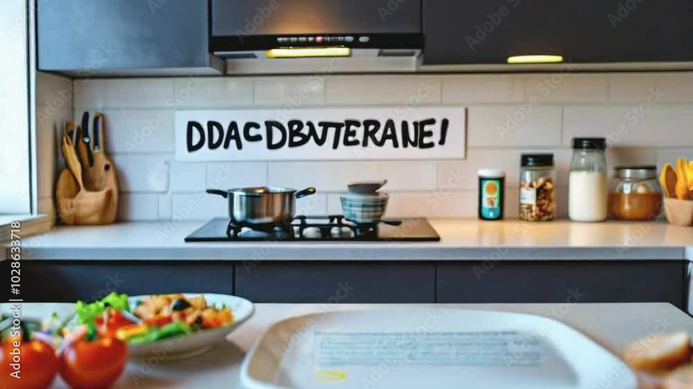 A modern kitchen scene with a salad and tomato on a plate, highlighting meal preparation. A modern kitchen scene with a salad and tomato on a plate, highlighting meal preparation.