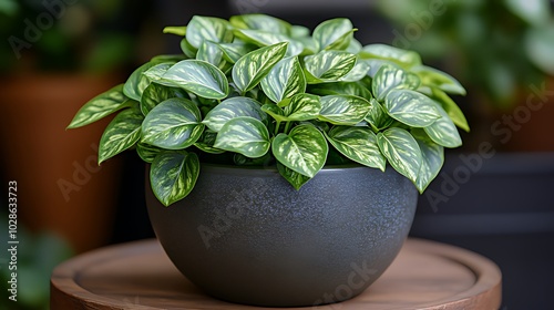 A close-up view of a potted houseplant with variegated leaves. photo