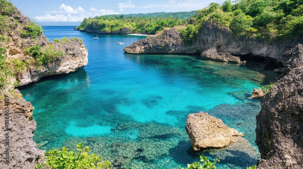 Serene Coastal View with Clear Blue Water and Rocks