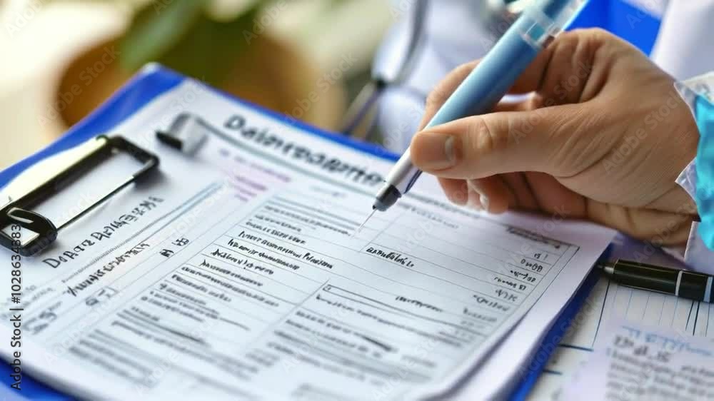 A hand filling out a form on a clipboard, indicating data collection or documentation. A hand filling out a form on a clipboard, indicating data collection or documentation.