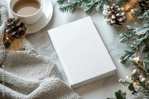 white book mockup on Christmas background. ai generated