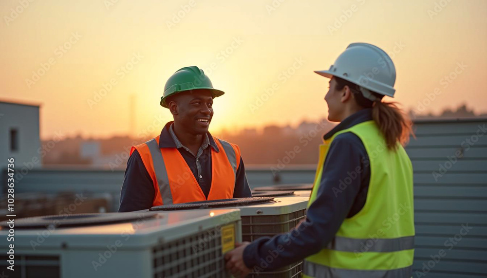 On a rooftop, two HVAC technicians in hard hats and reflective vests stand by air conditioning units. One smiles at the camera, while the other works by the units On a rooftop, two HVAC technicians in hard hats and reflective vests stand by air conditioning units. One smiles at the camera, while the other works by the units