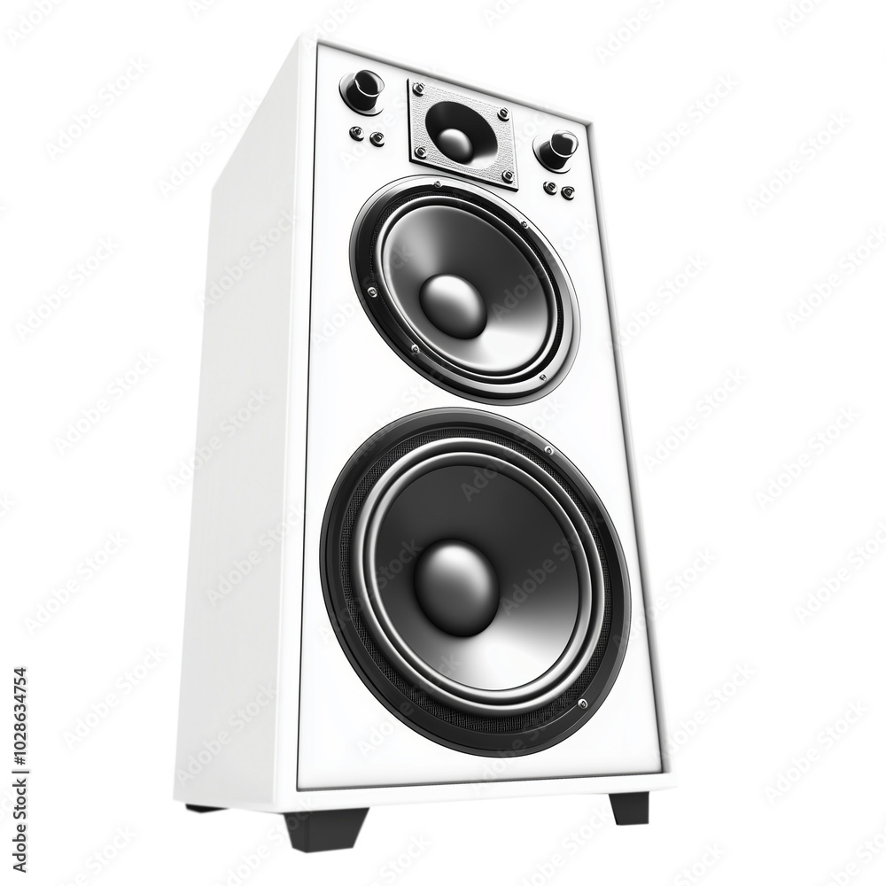 White speaker with two large subwoofers on the front isolated on a transparent background White speaker with two large subwoofers on the front isolated on a transparent background