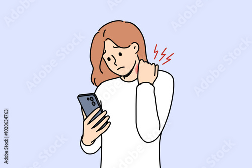 Woman feels pain in neck when using mobile phone, and needs to give up gadgets to cure disease. Neck pain appeared due to digital addiction or poor posture in girl holding smartphone in hand