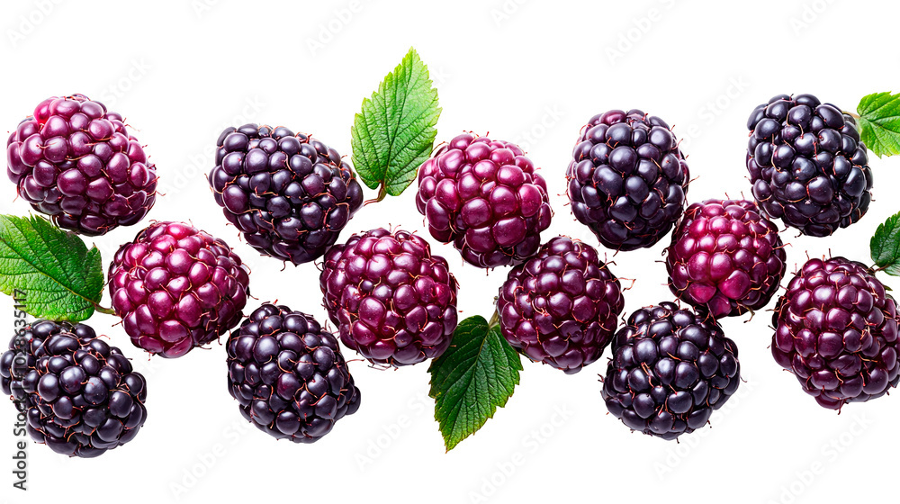 Row of blackberries and red berries with green leaves isolated on a cut out PNG transparent background Row of blackberries and red berries with green leaves isolated on a cut out PNG transparent background