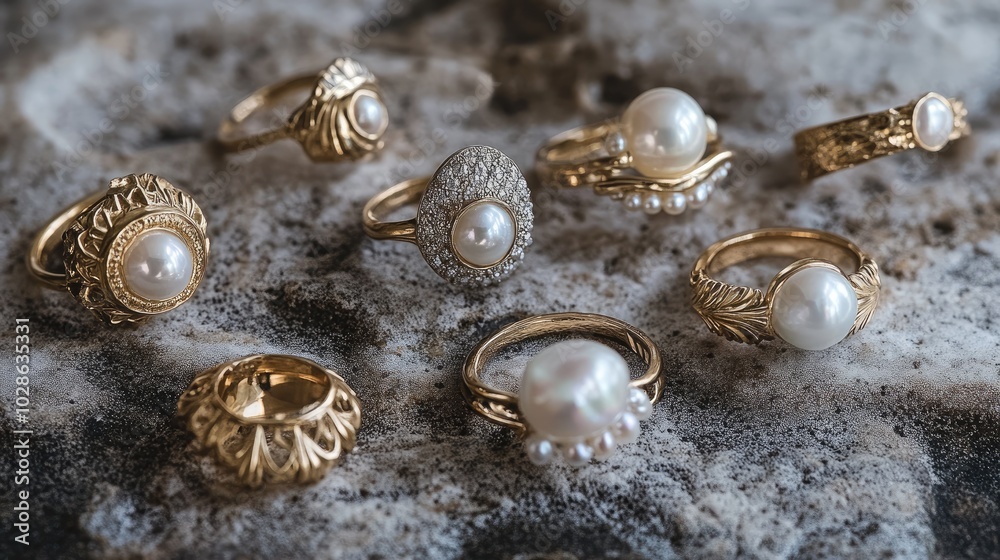 Elegant Collection of Gold and Pearl Rings Displayed Elegant Collection of Gold and Pearl Rings Displayed
