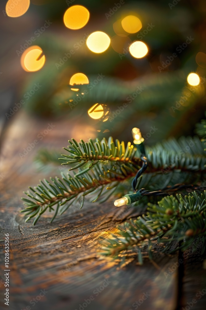 A Single Christmas Light Illuminates a Pine Branch A Single Christmas Light Illuminates a Pine Branch