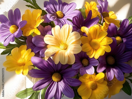 Vibrant Floral Arrangement of Spring Flowers with Sunshine Shadows, Close-Up Detail photo