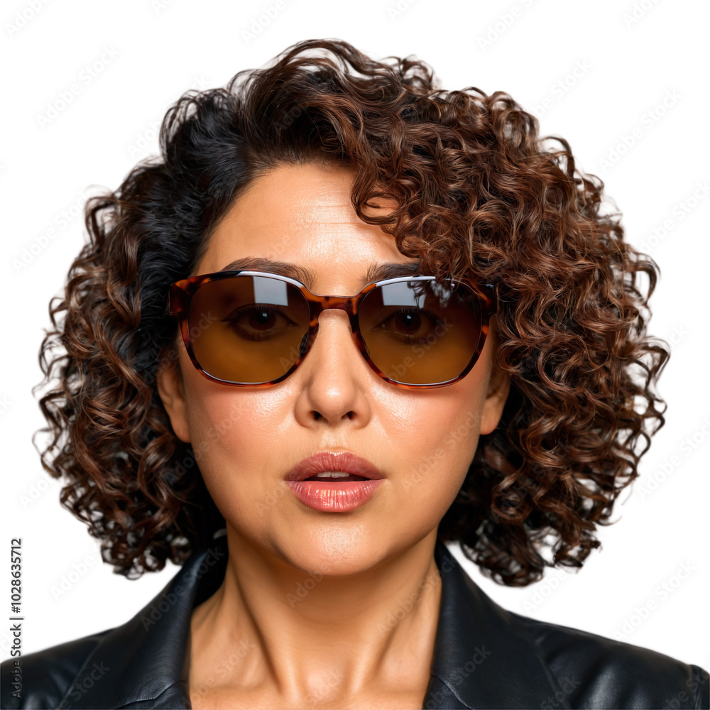 Middle aged Eurasian woman with wavy hair and oversized sunglasses cute face seething eyes pouting. Essence of diverse femininity. Middle aged Eurasian woman with wavy hair and oversized sunglasses cute face seething eyes pouting. Essence of diverse femininity.