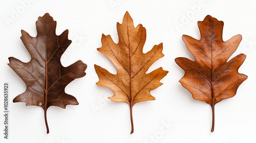 Three Oak Leaves in Dark, Light, and Medium Brown on White Background with Lobed Shape and Pointed Tips photo