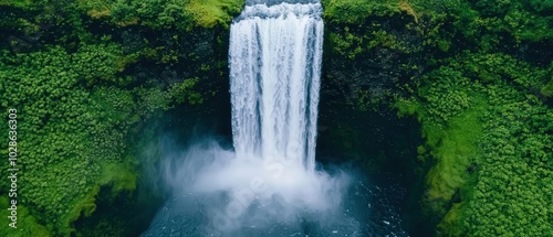 A majestic waterfall cascades down rocky cliffs, surrounded by lush greenery, creating a stunning natural landscape.