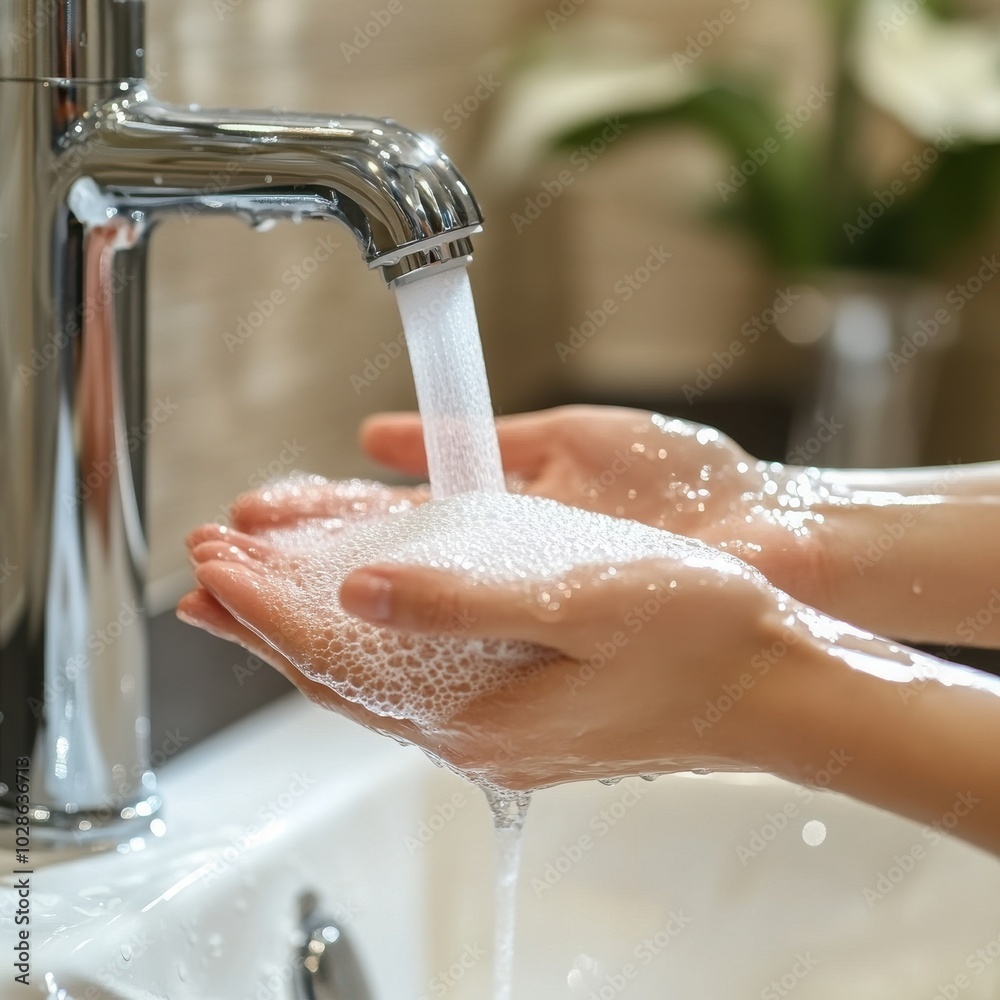 Fototapeta premium Close-up of hands washing with soap under a modern faucet, promoting hygiene and cleanliness in a bright kitchen setting.