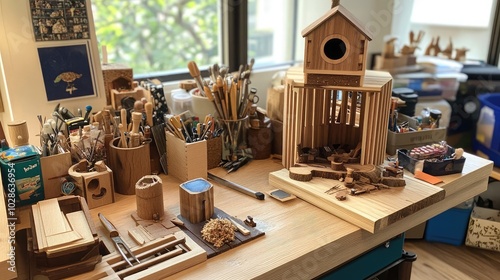 Woodworking Bench with Birdhouse Project in Workspace