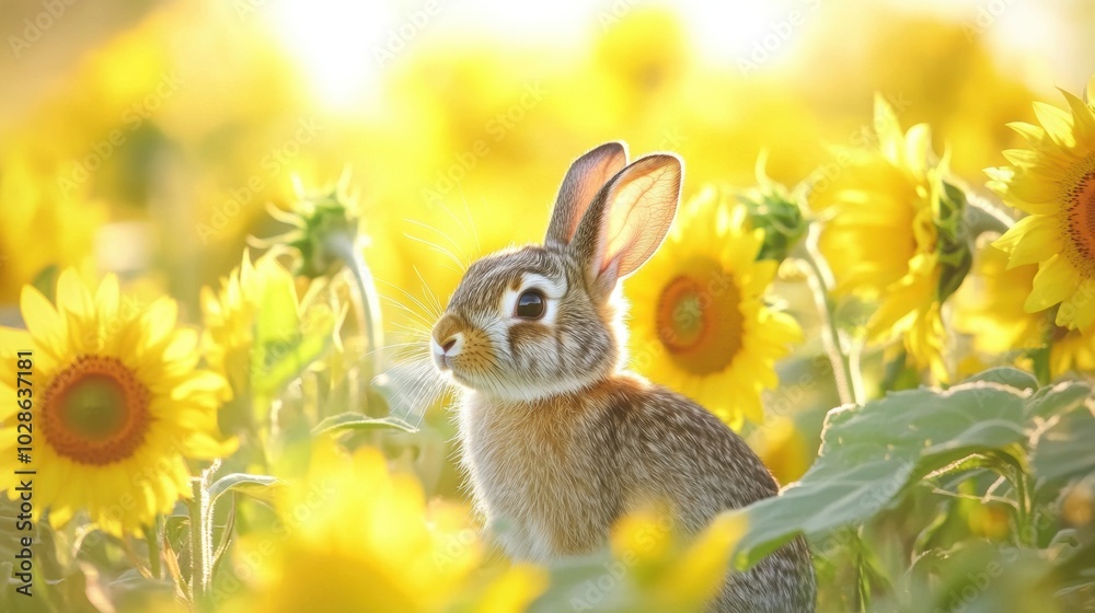Fototapeta premium Stock minimalist photography of a shy bunny in a field of sunflowers, with bright daylight illuminating the vibrant yellow flowers and green leaves