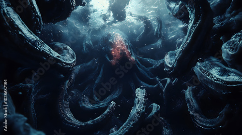 Deep sea creature inspiration, abyssal color scheme, dark water effect