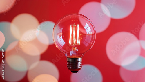 Una lampadina accesa emette luce su uno sfondo rosso e colorato con effetto bokeh photo