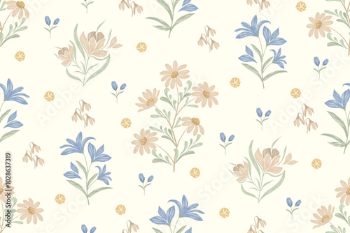 Minimal Floral pattern seamless paisley embroidery texture pink blue cornflower motifs. Vintage ikat style vector illustration design hand drawn meadow wildflowers.