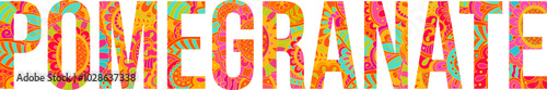 Pomegranate text design filled with colorful hand drawn floral doodle pattern. Fruit heading. Use for groceries, print art, menu design, merch