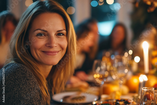 Happy Thanksgiving, big family dinner with turkey feast home celebration, Generative AI