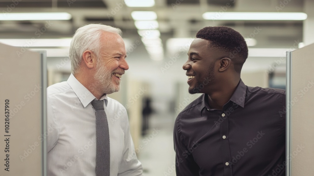 Older white man and young Black male colleague sharing a light moment over a cubicle wall. Minimalist office setting with ample copy space. Older white man and young Black male colleague sharing a light moment over a cubicle wall. Minimalist office setting with ample copy space.