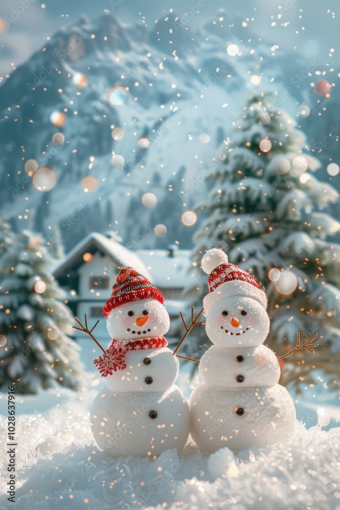 Fototapeta premium Two Snowmen Standing Together in a Snowy Winter Landscape
