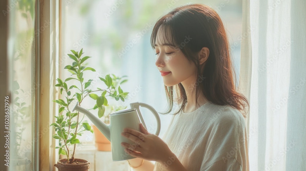 Asian woman holding a watering can, gently tending to a tiny plant on a windowsill. Minimalist, bright backdrop. Asian woman holding a watering can, gently tending to a tiny plant on a windowsill. Minimalist, bright backdrop.