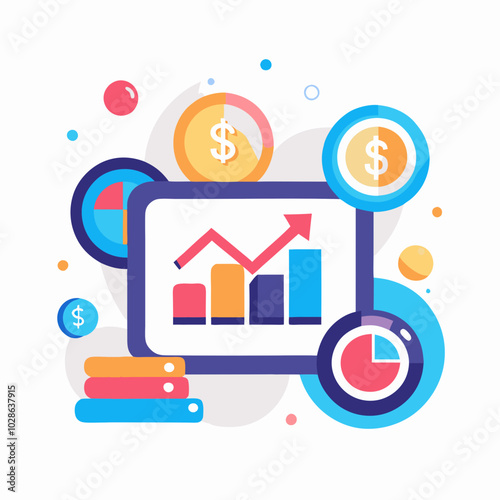 3D Abstract Gradient Background with Holographic Finance Icons for Marketing - High Angle Shot of Floating Coins and Charts in Vibrant Colors