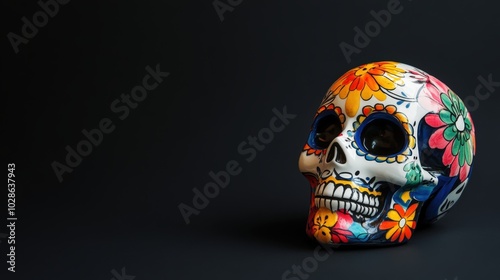 Aesthetic banner for Dia de Los Muertos with traditional calavera skull, black background, copy space. Generative AI