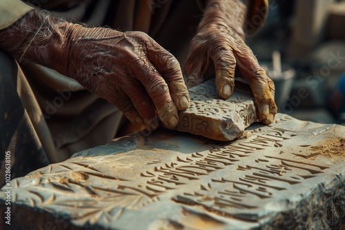 Craftsman's hands using a power tool to carve intricate details into a wooden surface generative AI image photo