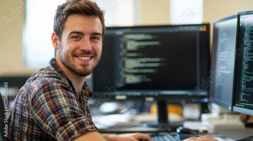 Smiling Caucasian man working as a computer programmer, minimal background focusing on his task and concentration.