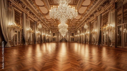 A grand ballroom with a polished parquet floor and an ornate