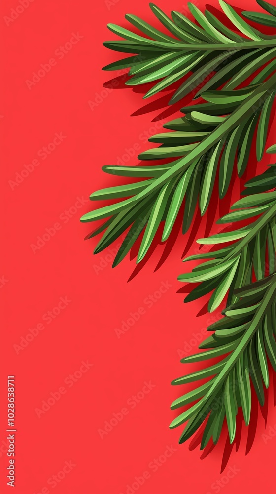 A vibrant red background with lush green pine needles, creating a festive and cheerful atmosphere, perfect for holiday themes and seasonal decorations.