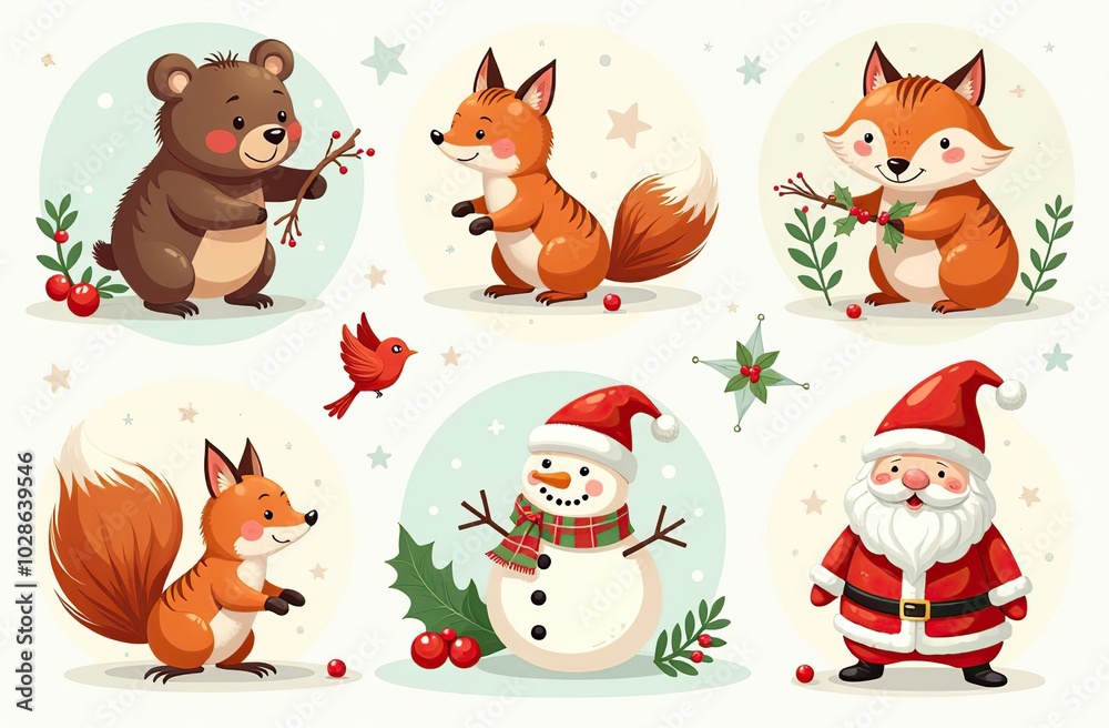 Christmas collection with cute animals: bear, fox, squirrel, bird, Santa Claus, Snowman and christmas decorative elements	
