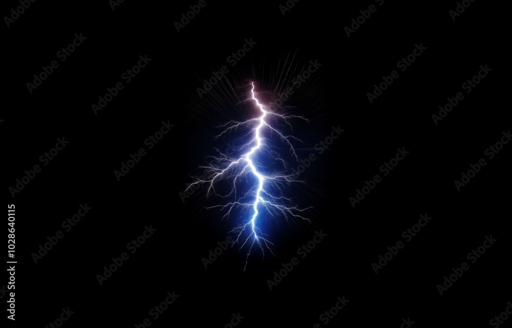 Obraz premium A single bolt of lightning with a blue and white glow strikes down in the center of the black canvas.