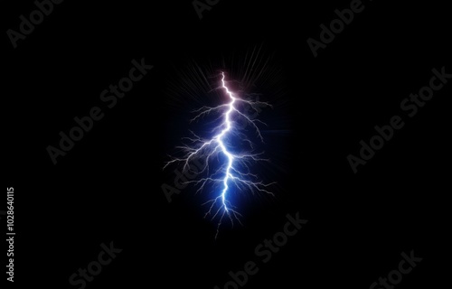 A single bolt of lightning with a blue and white glow strikes down in the center of the black canvas.