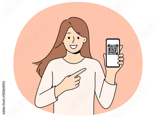 Woman holds phone demonstrating QR code for exchanging contacts or confirming online money transfer. Young long-haired girl with smartphone recommends using QR technology in mobile gadgets