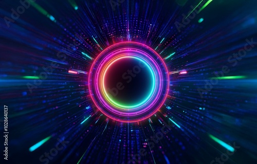 A glowing, neon circle surrounded by streaks of light radiating outwards from the center.