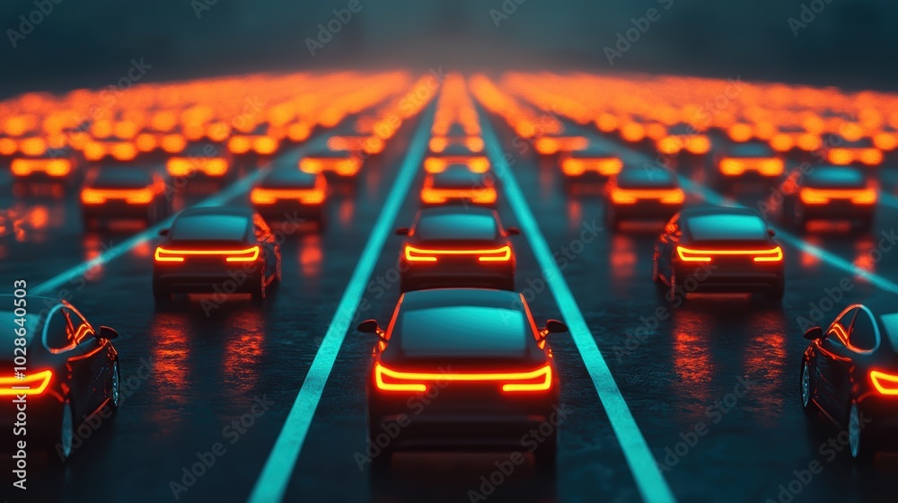 Obraz premium A futuristic scene of numerous cars lined up, glowing orange lights on a rainy road.