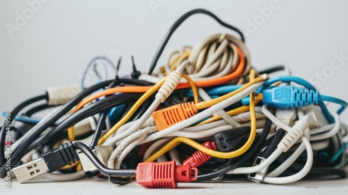 A tangled mess of colorful cables and connectors